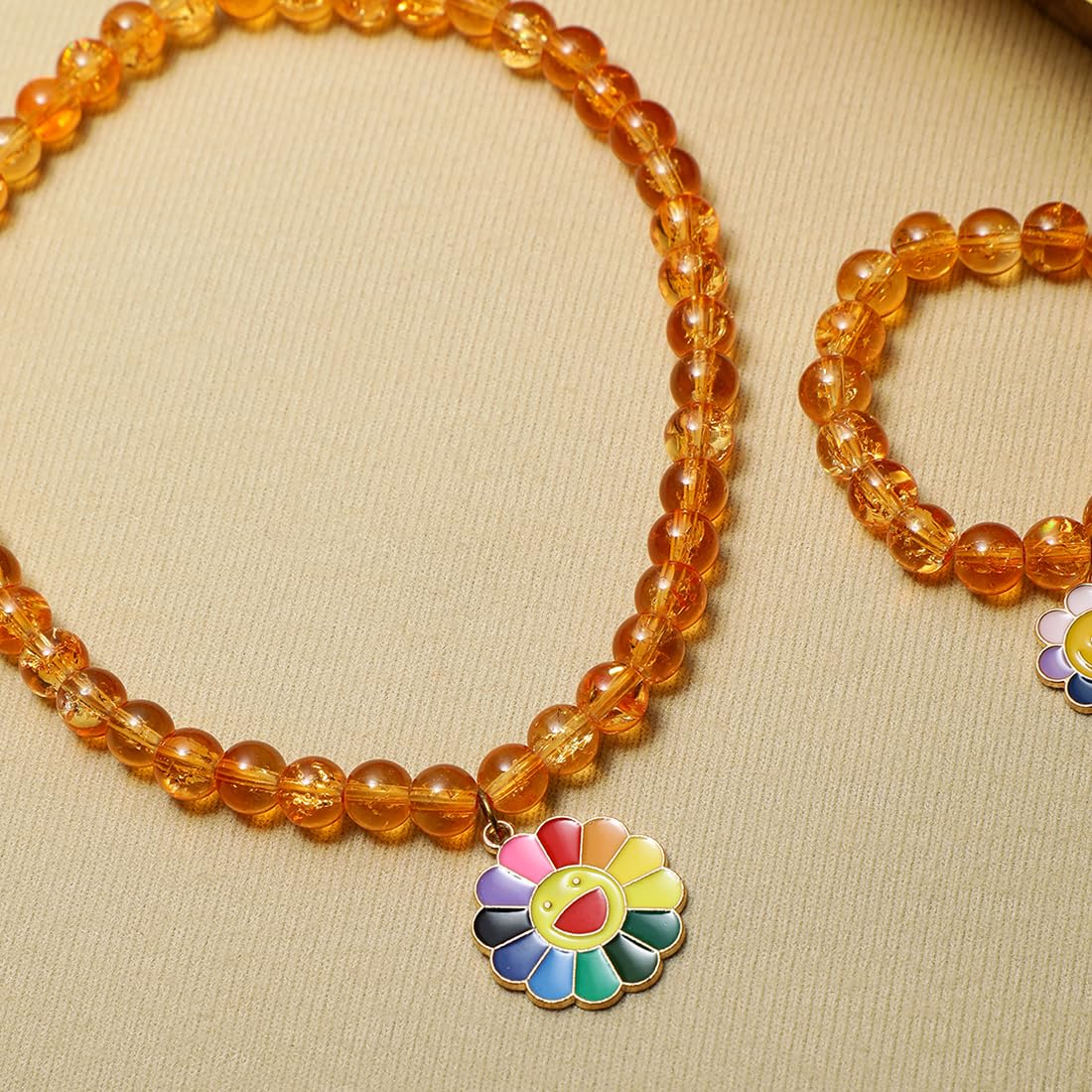 El Regalo 2 PCs Shiny Crackled Beads Kids Girls Necklace & Bracelet Jewelry Sets - Cute Kids Charms Jewelry with Sparkly Beads for Kids/Toddlers Girls (Smily Flower Jewelry Set)