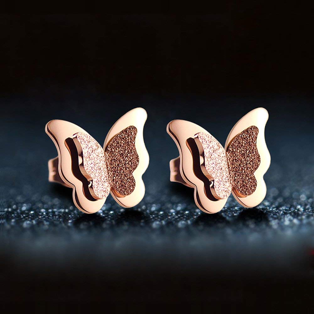 El Regalo Stainless Steel Small Butterfly NO RUST Earrings- Butterfly Matt Finish Rose Gold Plated Stainless Steel Cute Stud Earrings for Women/Girls