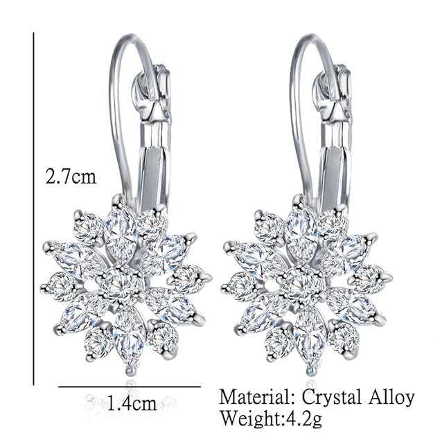 El Regalo Elegant Cubic Zirconia Snowflake Flower Earrings for Women & Girls- Shiny Silver Plated Crystal Flower Leverback Earrings