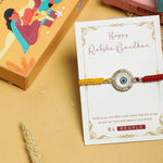 El Regalo 1PC Designer Evil Eye Red & Yellow Mauli Thread Rakhi for Brother - Rakshabandhan CZ Evil Eye Rakhi with Message Card & Roli Chawal in Rakhi Box for Bhaiya/Babhi/Bhatija/Bhatiji