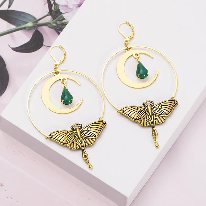 El Regalo Bohemian Luna Moth Dangle Earrings - Handmade Vintage Gold Hollow Circle Earrings with Moon & Moth Design - Retro Statement Jewelry for Women & Girls