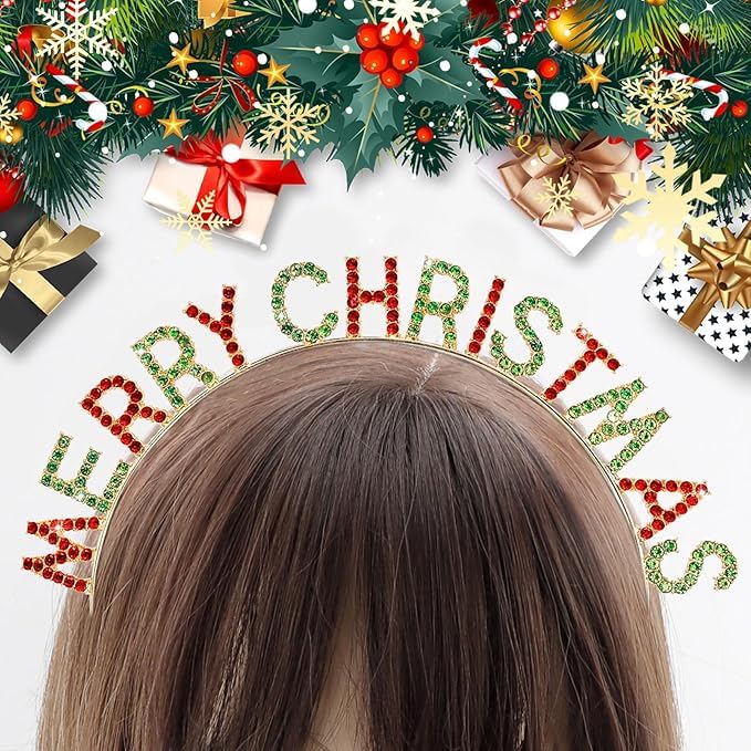 El Regalo Christmas Headbands for Women & Girls | Red & Green Rhinestone "MERRY CHRISTMAS" Letter Tiara | Festive Metal Hairband Crown for Xmas Parties, Photoshoots, Holiday Celebrations & Gifts