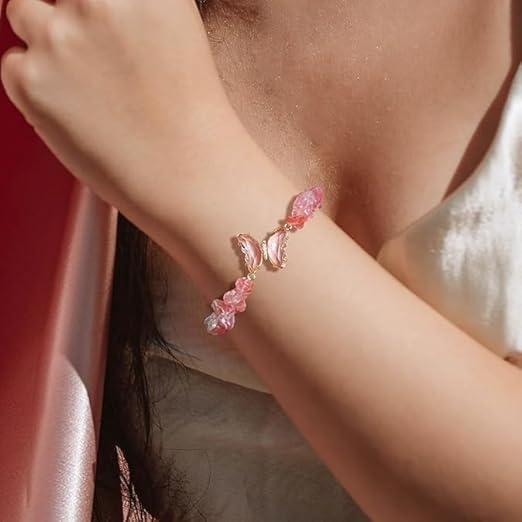 El Regalo 2PCs Natural Crystals Butterfly Bracelets Set- Real Crystals Healing Stones Bracelet Combo for Women (Pink Rose Quartz)