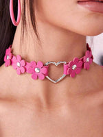 El Regalo Heart Flower Choker Necklace for Girls/Women- Gothic PU Leather Punk Choker Heart Ring Flower Necklace (Rose Pink)