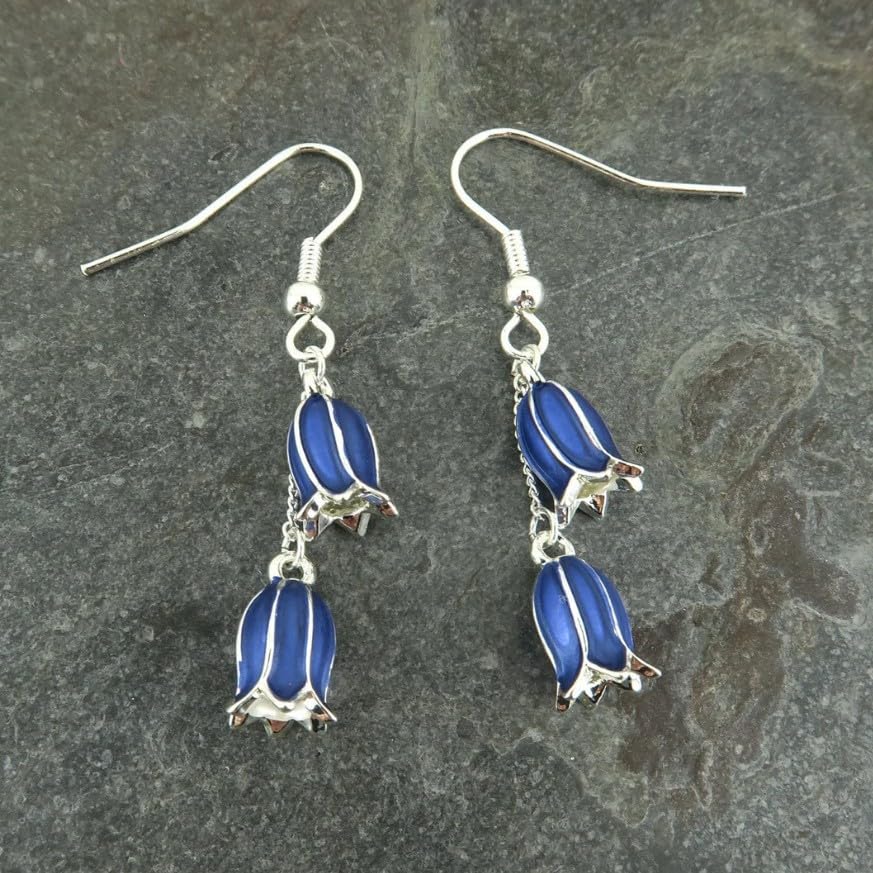 El Regalo Blue Enamel Tulip Flower Earrings for Women & Girls - Cute and Fancy Hyacinth Dangle & Double-Drop Hook Earrings (Double Flower)