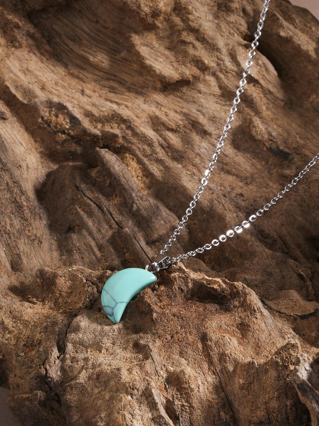 El Regalo Beautiful Agate Crescent Moon Pendant Necklace with Stainless Steel Chain for Girls & Women (Turquoise Green Moon)