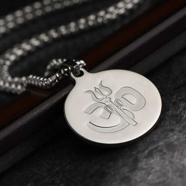 El Regalo AUM OM Pendant Necklace for Men/Boys: Stainless Steel OM Mahadev Damroo Pendant Necklace for Man/Boys (Silver OM)