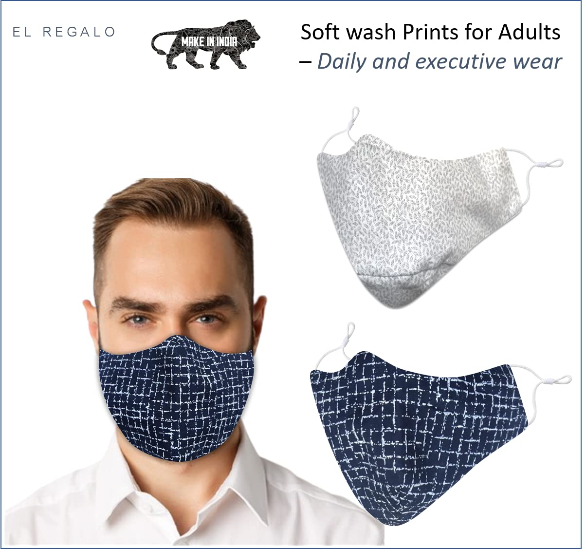 El Regalo (Set of 3 Premium Soft Cotton Face Masks with Adjustable Earloops | Executive Range 3 Layers Cotton Reusable & Washable Face Masks With Adjustable EarLoop for Men
