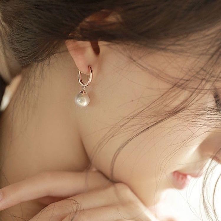 El Regalo Stainless Steel Pearl Hoop Earrings- Anti-Tarnish Small Pearl Drop Huggie Hoop Bali Earrings for Girls & Women (Golden)
