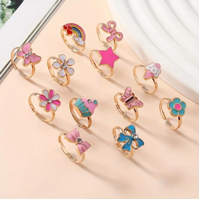 El Regalo 12 Pcs Cute Adjustable Rings Set for Kids/Girls/Women - Colorful Cartoon Enamel Finger Rings | Adjustable Cute Jewelry Gift Box - Butterfly, Flower, Bow, Heart, Cherry Designs (Style-2)