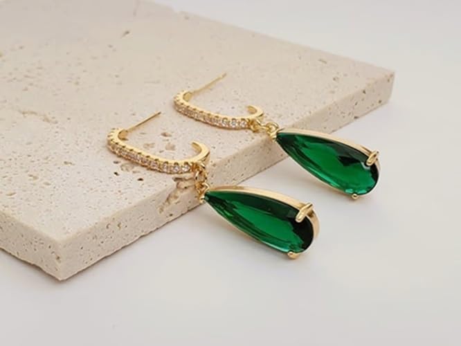 El Regalo Luxury 18K Gold Plated Emerald Green Teardrop Statement Earrings for Women | Sparkling Crystal Studded C-Hoop Dangle Earrings | Elegant Party & Wedding Jewelry Gift for Her
