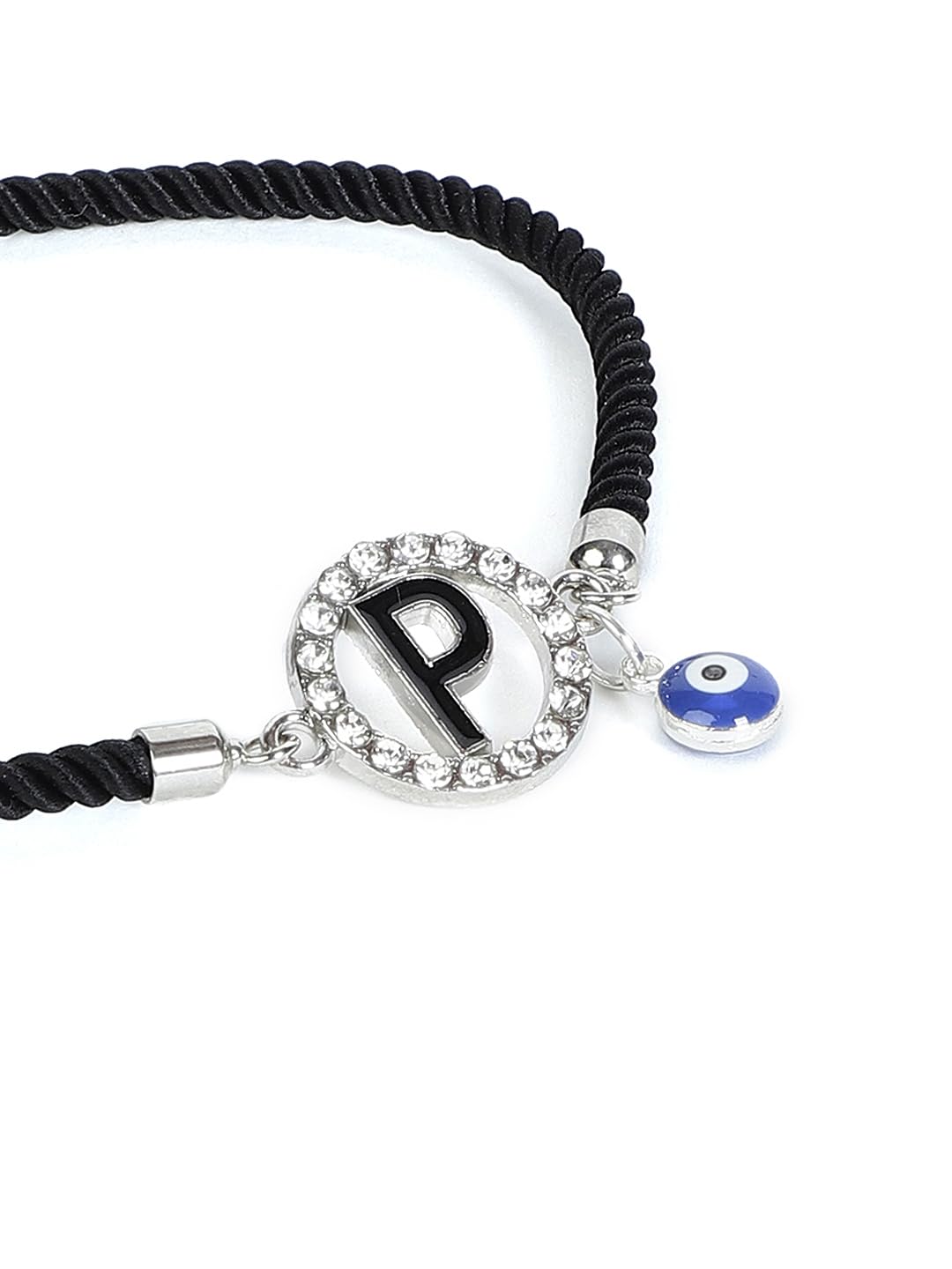 El Regalo Name Initials Evil Eye Bracelet Rakhi for Brother- Name Letter CZ Rakhi with Roli Chawal, Message Card in Rakshabandhan Box for Bhai (Black-P)