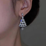 El Regalo CZ Dangling Christmas Tree Stud Earrings for Women & Girls- Rhinestone In-Laid Christmas Tree Dangle Earrings (Silver)
