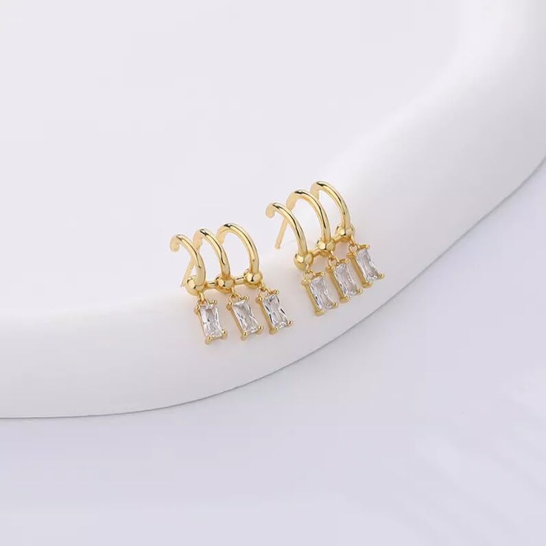 El Regalo Women's & Girl's Western Triple Ear Crawler Earrings- Triple Dangling Baguette Stone Earring- Exquisite Zircon Multilayer Earrings (Golden White)