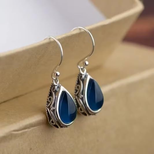 El Regalo Small Vintage Teardrop Earrings for Girls & Women- Elegant Filigree Carved Boho Dangle Earrings, Cut Stone Drop Earrings, Jewelry Gift (Blue)