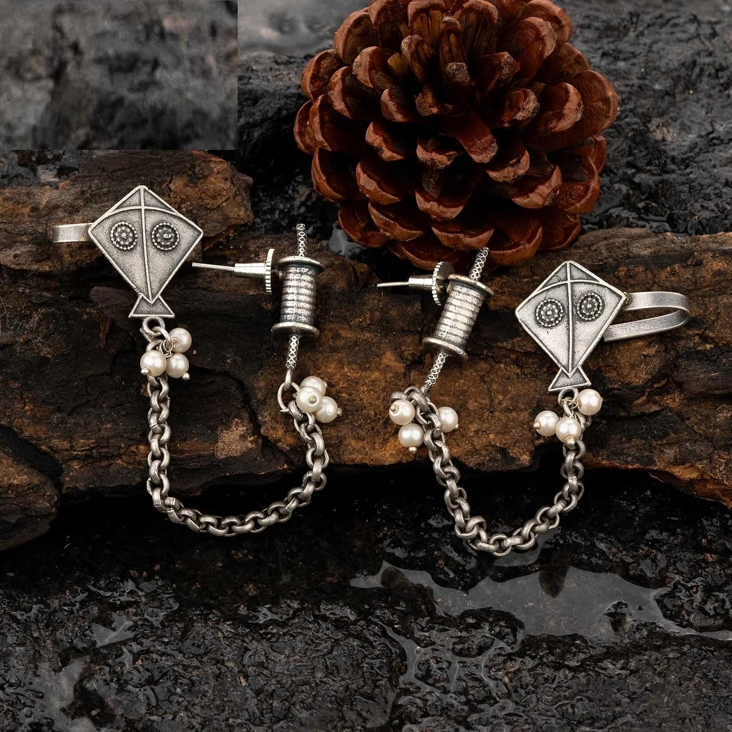 El Regalo Ethnic Oxidized Kite & Chkari Ear Cuffs - Handmade Silver Lookalike Ghunghru Earrings with Ear Clips for Women & Girls - Antique Brass Earrings with Chain Connection