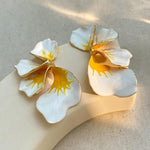 El Regalo Big Floral Statement Earrings for Women | White Yellow Oil Drip Enamel Flower Earrings | Irregular Petal Leaf Design | Bold Fashion Earrings for Party, Vacation & Western look