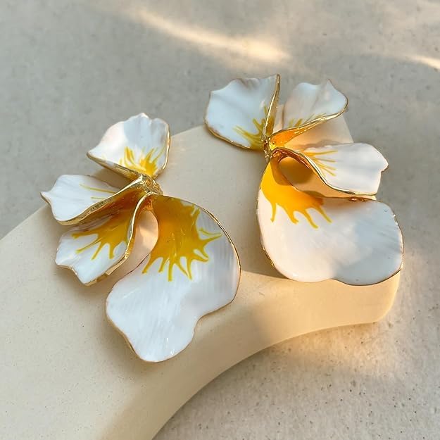 El Regalo Big Floral Statement Earrings for Women | White Yellow Oil Drip Enamel Flower Earrings | Irregular Petal Leaf Design | Bold Fashion Earrings for Party, Vacation & Western look