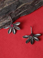 El Regalo Silver toned Oxidized Hook Earrings for Girls & Women- Red Stones Handcrafted Ethnic Tribal Boho Traditional Earrings