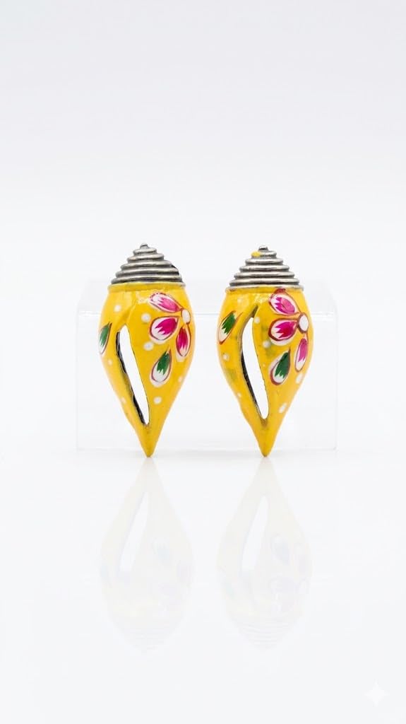 El Regalo Ethnic Hand-Painted Conch-Style Earrings for Women | Ethnic Boho Statement Earrings | Traditional Festival Earrings | Unique Handmade Drop Earrings (Yellow)