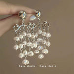 El Regalo Contemporary Silver-Tone Earrings with Cascading Pearls - Modern Pearls Tassel Drop Earrings for Women & Girls