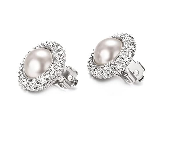 El Regalo Big Pearl Clip On Earrings for Non Pierced Ears- Round Faux Pearl Clip On Fake Non Piercing Earring (CZ Clip On)