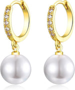 El Regalo Minimalist CZ Pearl Drop Earrings for Women | Korean Style Dangle Hoop Earrings | Gold & Silver Plated Cubic Zirconia Pearl Earrings | Elegant Daily Fashion Jewellery for Girls (Gold- Round)