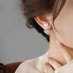 El Regalo Beautiful Double Sided Pearl Earrings for Women - Elegant Crown Rhinestone Front Back Studs | Korean Style Moti Earrings (Silver White)