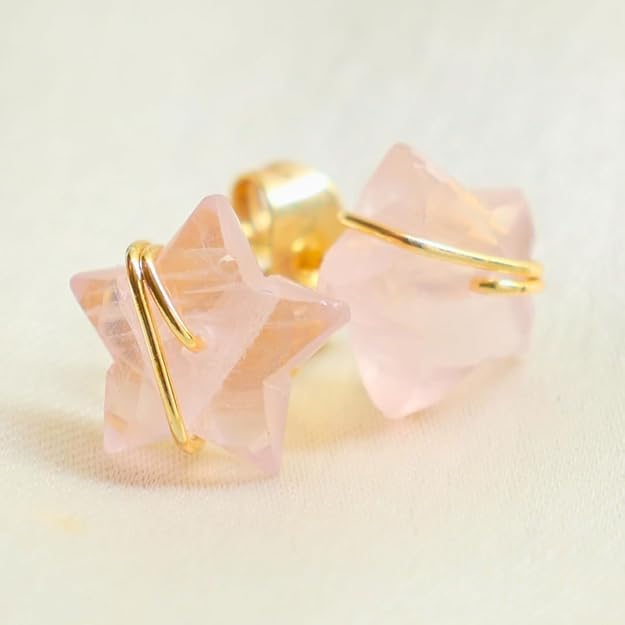 El Regalo Natural Stones Star Stud Earrings- Handcfated Wire Wrapped Celestial Star Earrings for Girls & Women (Pink Rose Quartz)