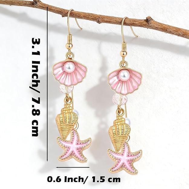 El Regalo Ocean Charm Starfish & Seashell Dangle Earrings for Women & Girls | Gold Plated Beach-Themed Pearl Drop Earrings | Cute & Trendy Jewelry Gift