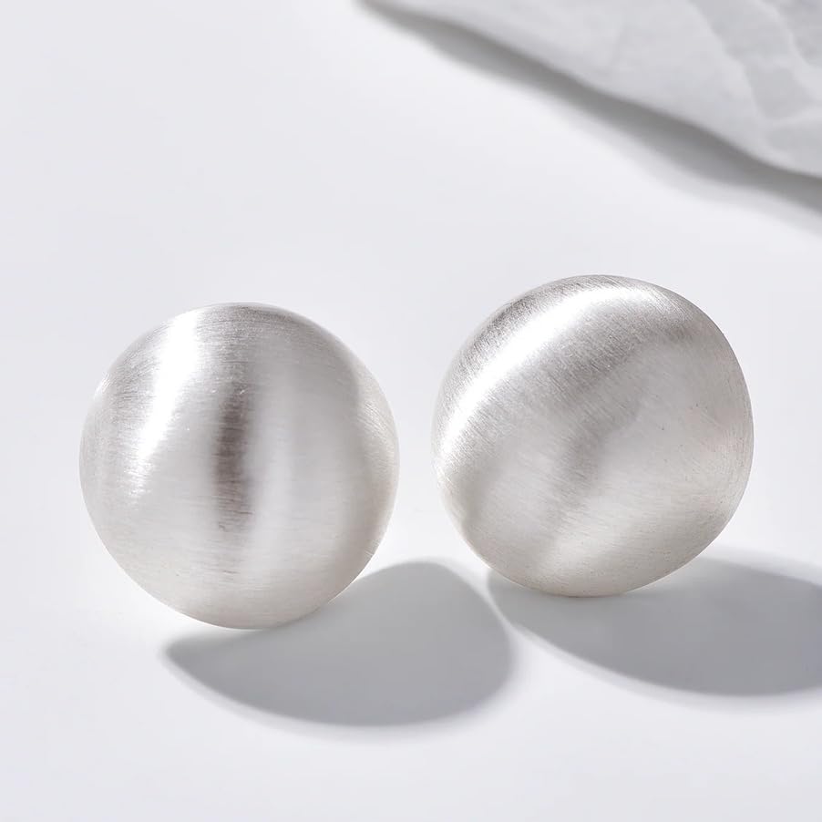 El Regalo Matte Silver Brushed Half-Ball Stud Earrings for Women & Girls | Minimalist Frosted Dome Geometric Earrings | Hypoallergenic Jewelry Gift