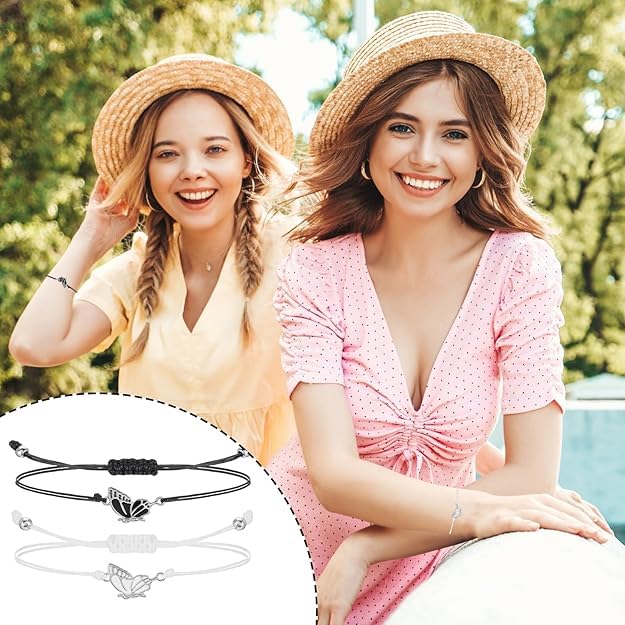 El Regalo 2PCs Butterfly Friendship Bracelets Set for Girls - Adjustable Handmade BFF Strand Bracelets for Best Friends - Symbolic Matching Jewelry for Birthday, Christmas, Graduation, Anniversary (Black & White)