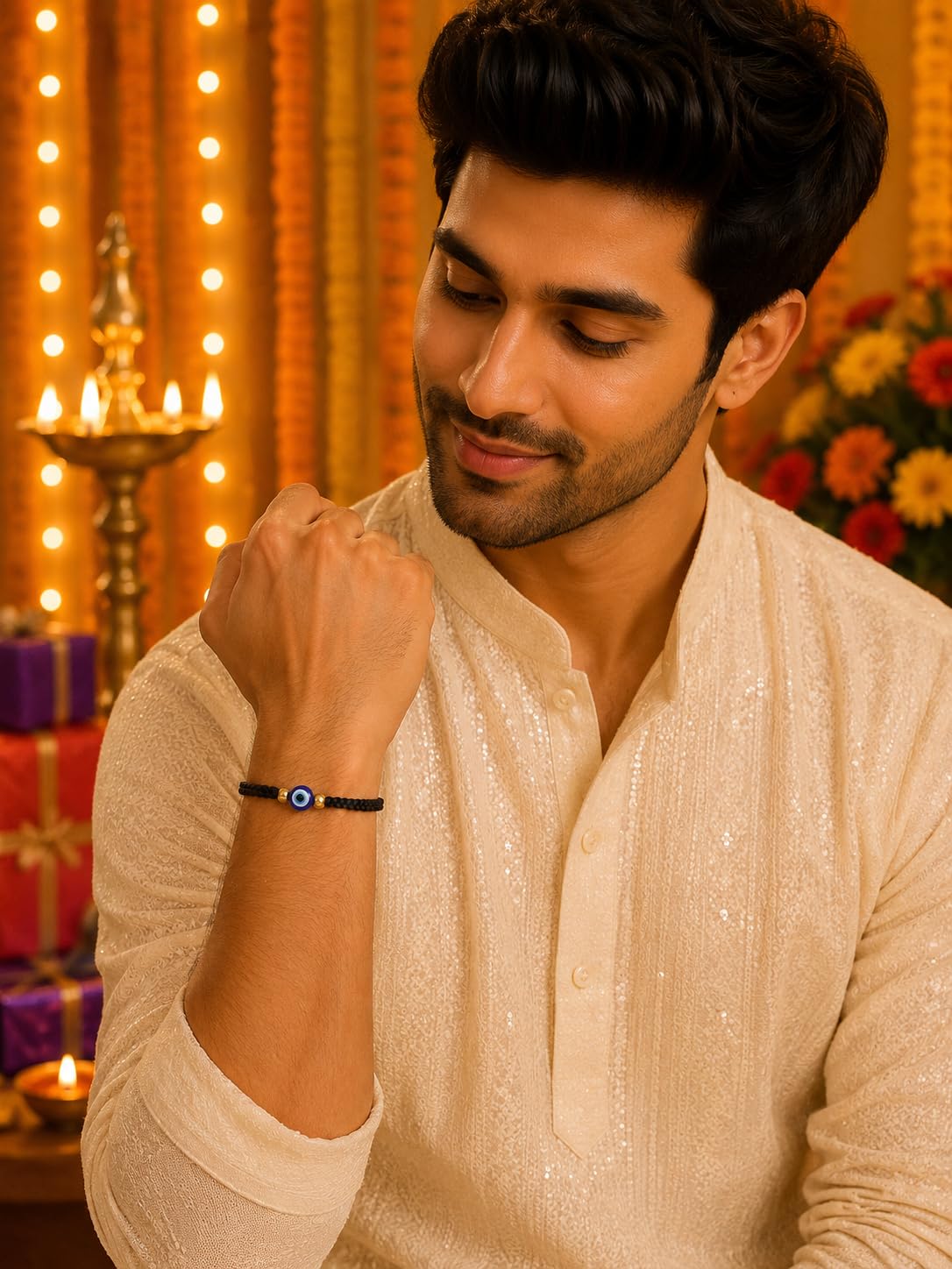 El Regalo Evil Eye CZ Bracelet Rakhi for Brother with Roli Chawal in Gift Box (Option-6)