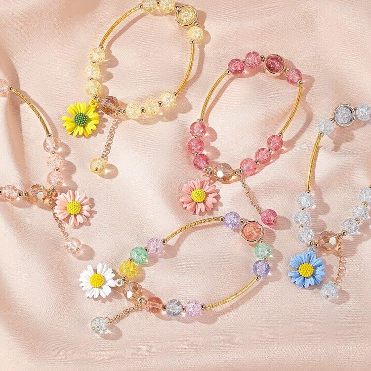 El Regalo 1PC Daisy Flower/Sunflower Crackle Beads Stretch Bracelet for Girls & Women- Fancy Floral Bracelets (Pink)