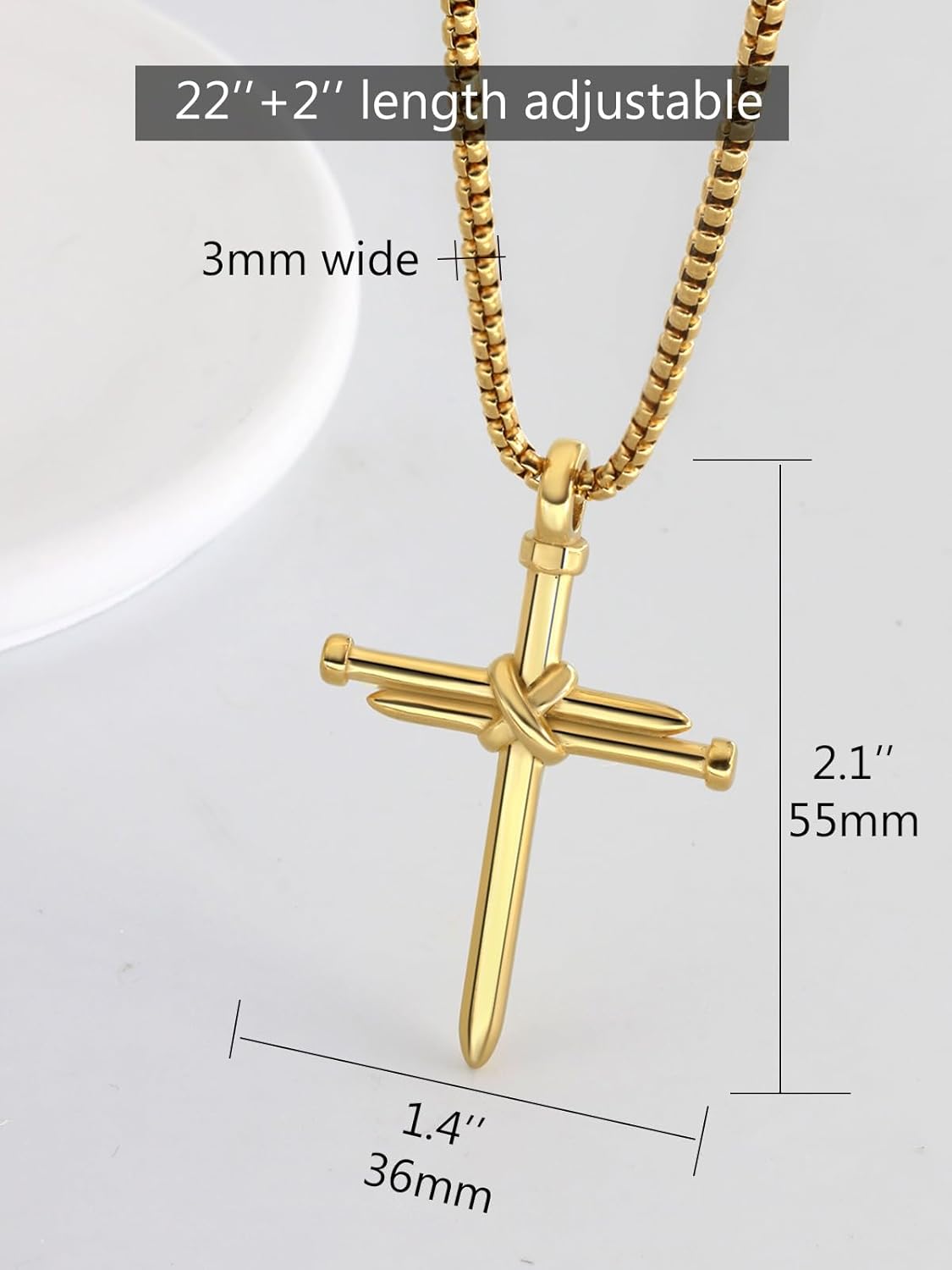 PIYIZ Nail Cross Necklace Stainless Steel Box Chain 22 Inch Cross Pendant Necklaces for Men Women, Silver Black Gold Color, Medium, Stainless Steel, No Gemstone