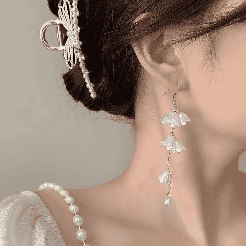 El Regalo Elegant White Floral Dangle Earrings- Delicate Cascading Flower Bell Earrings for Women & Girls
