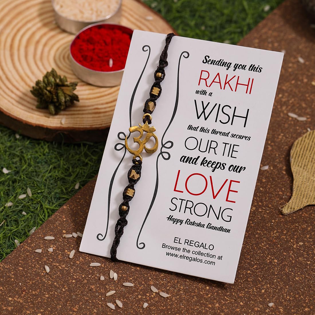 El Regalo Auspicious OM Rakhi Brother- Designer Hand Braided OM Bracelet Rakhi with Roli Chawal Shagun, Message Card in Rakhi Gift Box (Coffee Brown)