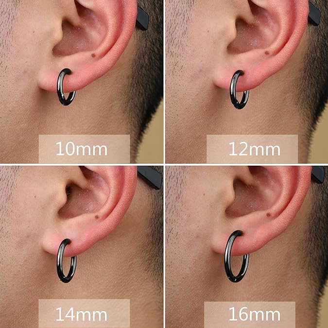 El Regalo 3 Pairs of Unisex Non-Piercing, Clip On Earrings for Girls/Boys/Men/Wome- Surgical Stainless Steel Hypoallergenic Huggie Fake Earrings (Black)