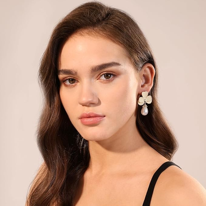 El Regalo Cute Orchid Flower Teardrop Pearl Earrings- 14K Gold Plated Pearl Earrings for Women | Floral Enamel drop Ball Earrings (White)