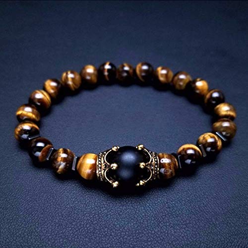 El Regalo Natural Stones Tiger Eye Antique Crown Charm Bracelet for Men/Boys Beads Bracelet Jewelry