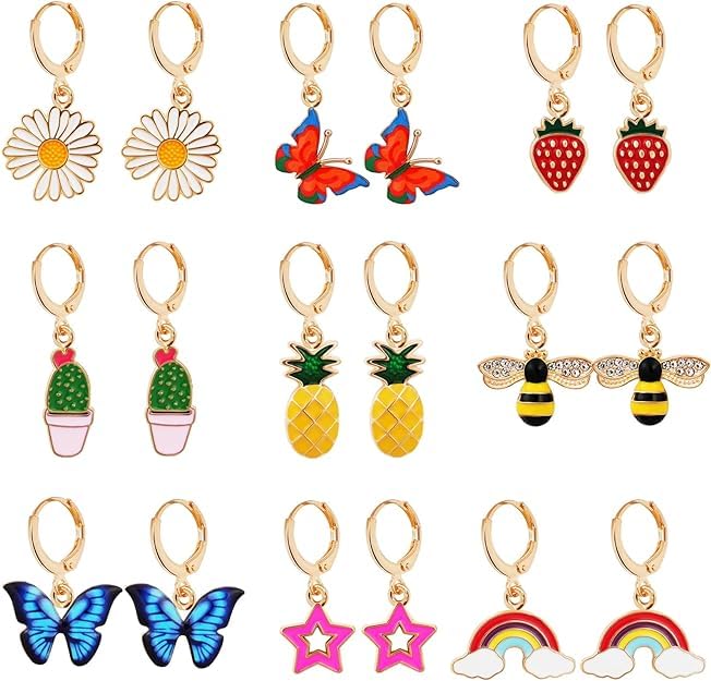 El Regalo 6 Pairs Cute Preppy Small Huggie Hoop Fun Charms Dangle Drop Earrings Combo for Girls- Flowers, Strawberry, Bee, Butterfly & Rainbow- Gift for Girls