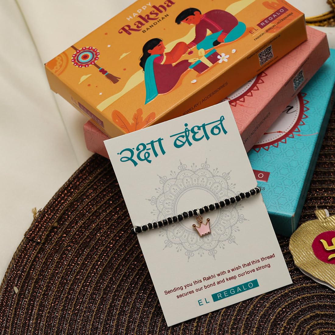 El Regalo Kids Rakhi for Baby Brother - Cute Charms Evil Eye Nazaria Rakhi with shagun, Rakhi Message Card in Rakhi Gift Box for Kids/Babies/Toddlers (Pink Crown)