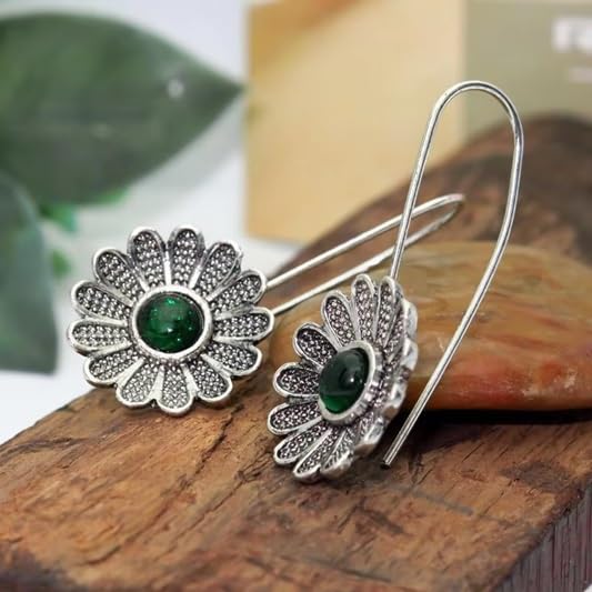 El Regalo Women's & Girl's Vintage Bohemian Style Green Rhinestone Flower Hook Earrings- Elegant Pastoral Style Floral Earrings in Antique Silver Finish