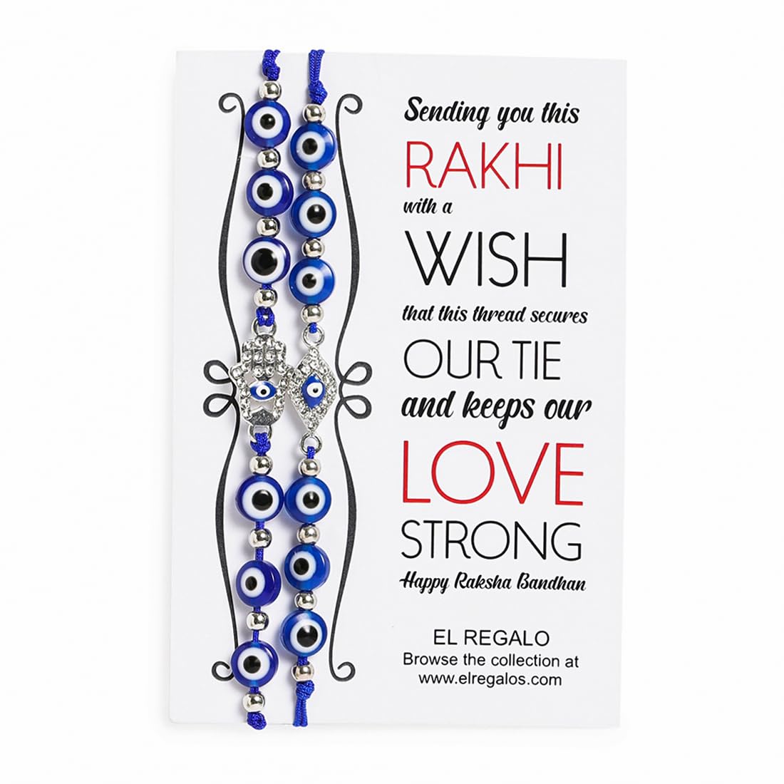 El Regalo 2PCs Evil Eye Rakhi Combo Set for Bhai-Bhabhi or Bhai-Bhatija/Bhatiji- 2 Evil Eye Rakhis with Roli Chanwal, Rakhi Card in Rakhi Gift Box (Option-6)
