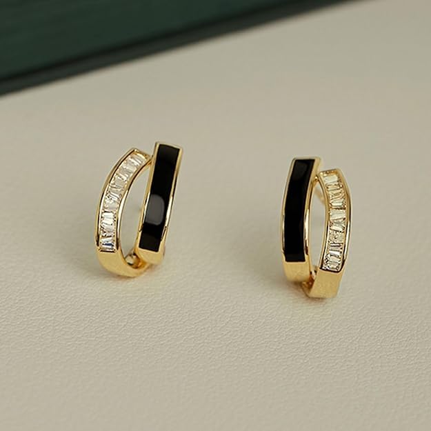 El Regalo Double Row C-Hoop Earrings for Women & Girls | Hypoallergenic Geometric Studs | Cubic Zirconia & Enamel/Shell Inlay | Elegant Daily, Office & Party Earrings Jewellery (Black)