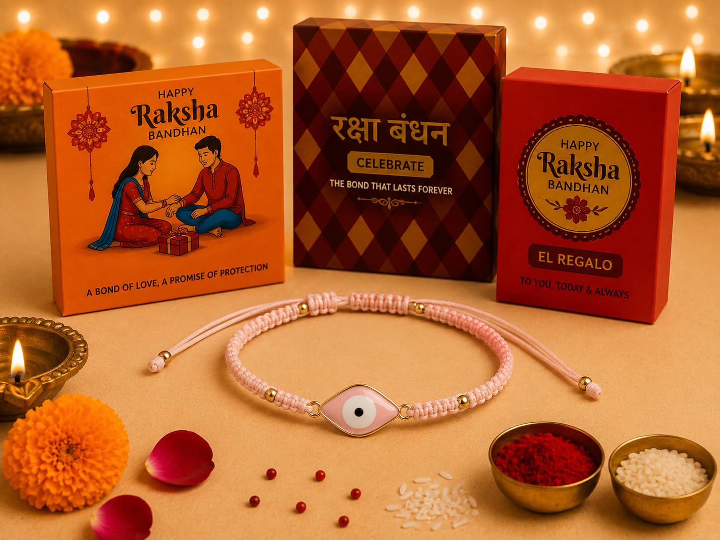El Regalo Evil Eye Bracelet Rakhi for Brother with Roli Chawal in Gift Box (Pink)