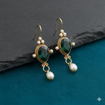 El Regalo Beautiful Traditional Drop Earrings with Pearls for Women & Girls - Elegant Gold Plated Hook Earrings (Green Emerald)