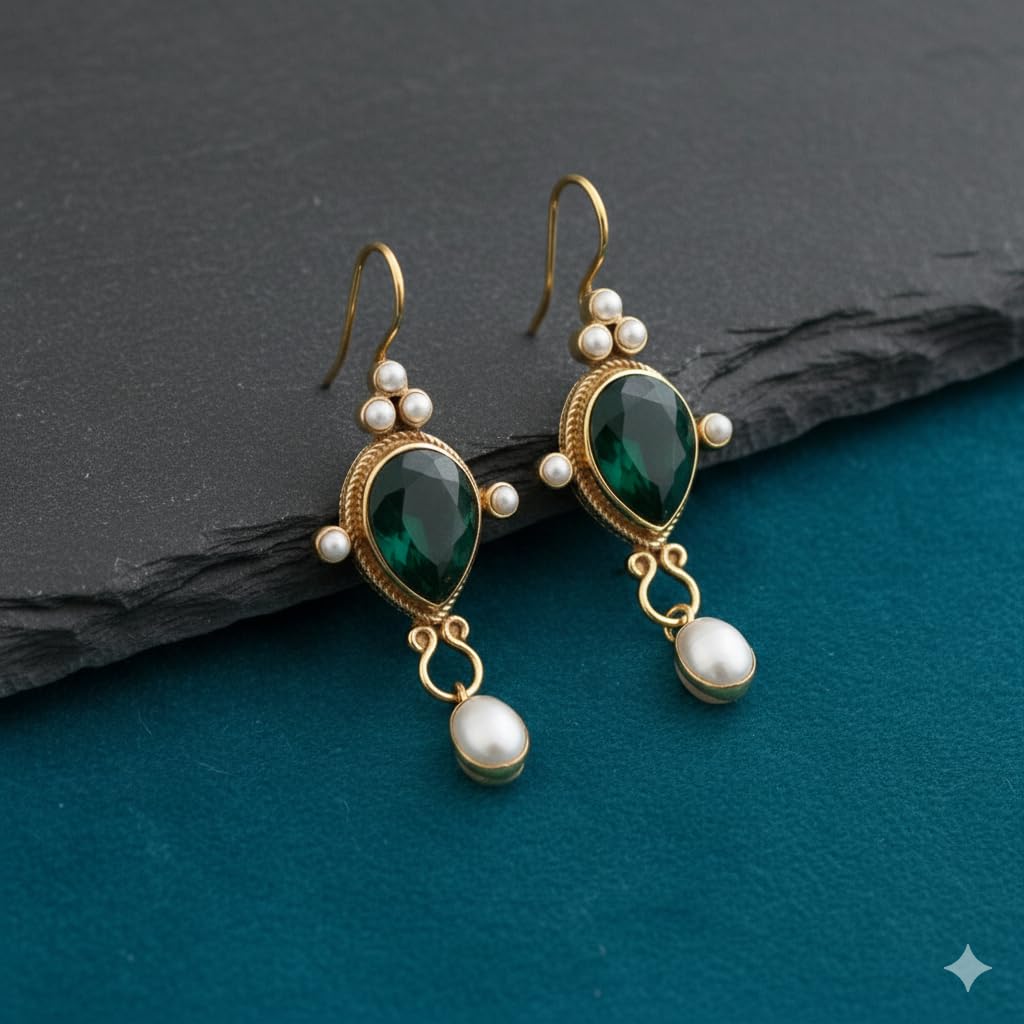 El Regalo Beautiful Traditional Drop Earrings with Pearls for Women & Girls - Elegant Gold Plated Hook Earrings (Green Emerald)