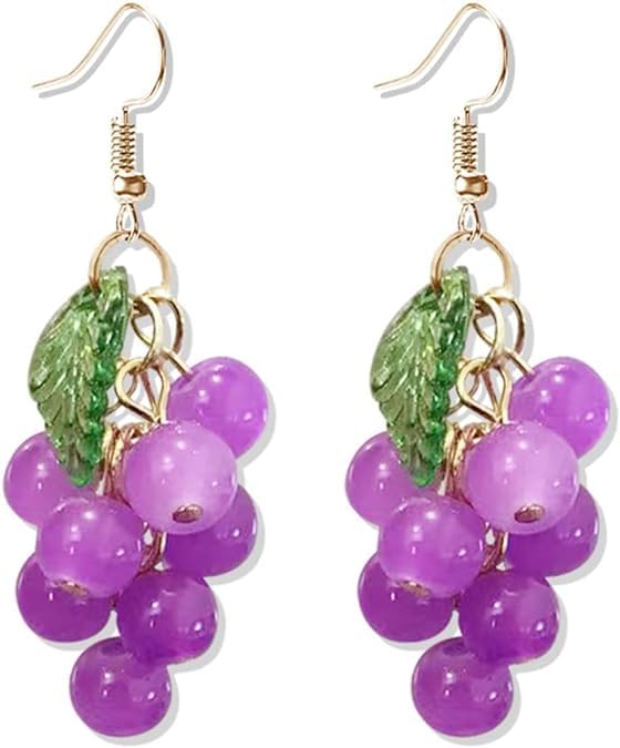 El Regalo Purple Grape Bunches Crystal Bead Drop Earrings for Girls & Women- Handmade Acrylic Fruit Dangle Drop Fashion Earrings (Grapes Bunch Hook)