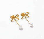El Regalo Elegant 18K Gold Plated Stainless Steel Drop Earrings for Women & Girls | Tarnish-Free, Waterproof, Hypoallergenic Statement Fancy Western Earring Collection | Variations: Bow, Moon & Star, Starfish, Knot | For Office, Party & Gifting (Pearl Bow
